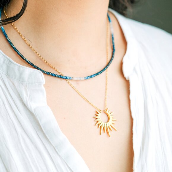 Sun Necklace Gold Sunburst Necklace WATERPROOF Gold Layering Celestial Necklace - Picture 1 of 15